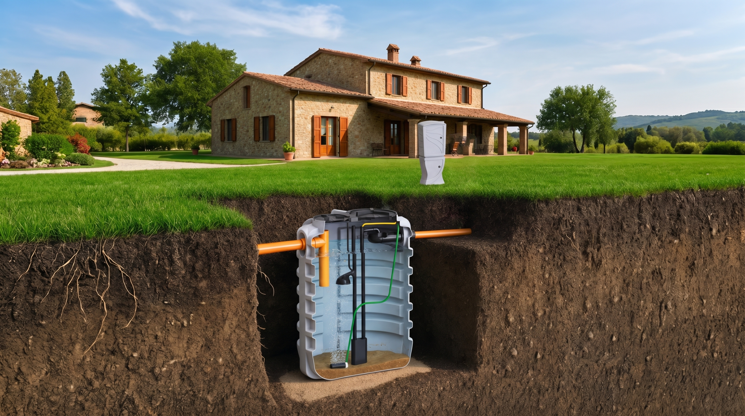 Sistema BioBatch SBR Starplast installato interrato: cutaway con vista in sezione e casale toscano