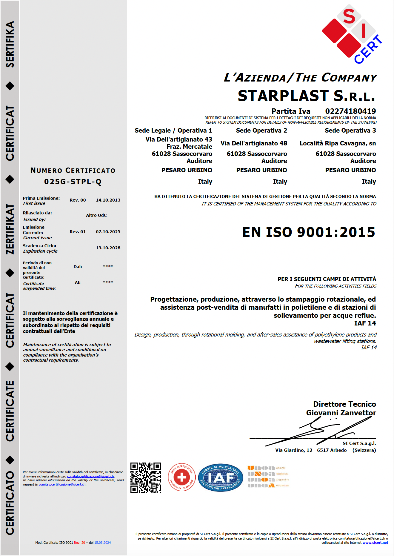 Certificazione ISO 9001 Sicert Starplast