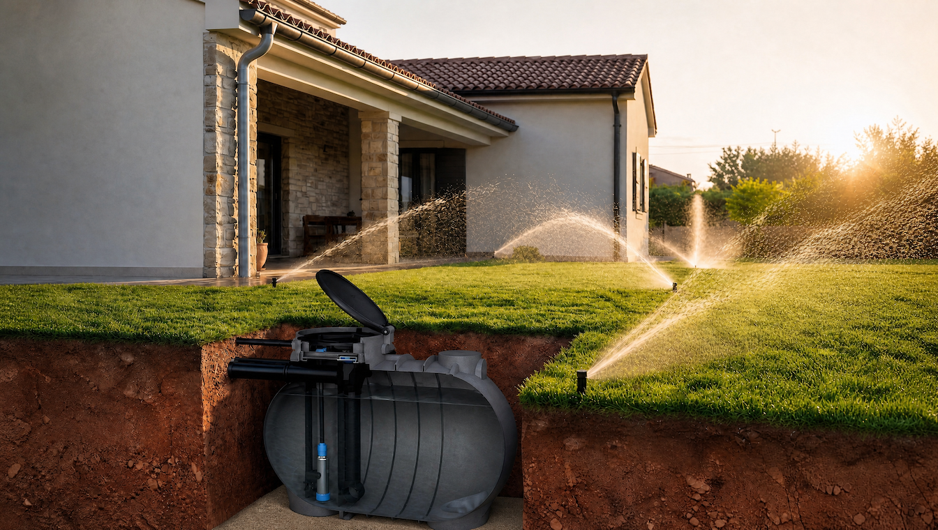 Impianto BioBlu di recupero acqua piovana con serbatoio di accumulo interrato e irrigazione del giardino