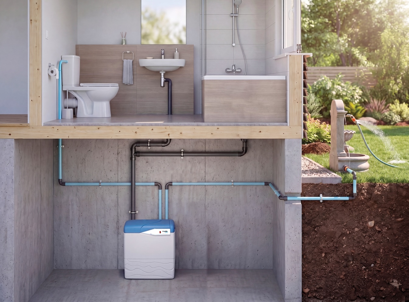 Biogrigio Home in locale tecnico: recupero delle acque grigie e rete non potabile verso cassetta WC e giardino